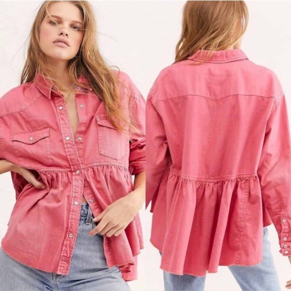 Free People “We The Free" Dylan Babydoll peplum denim shirt jacket